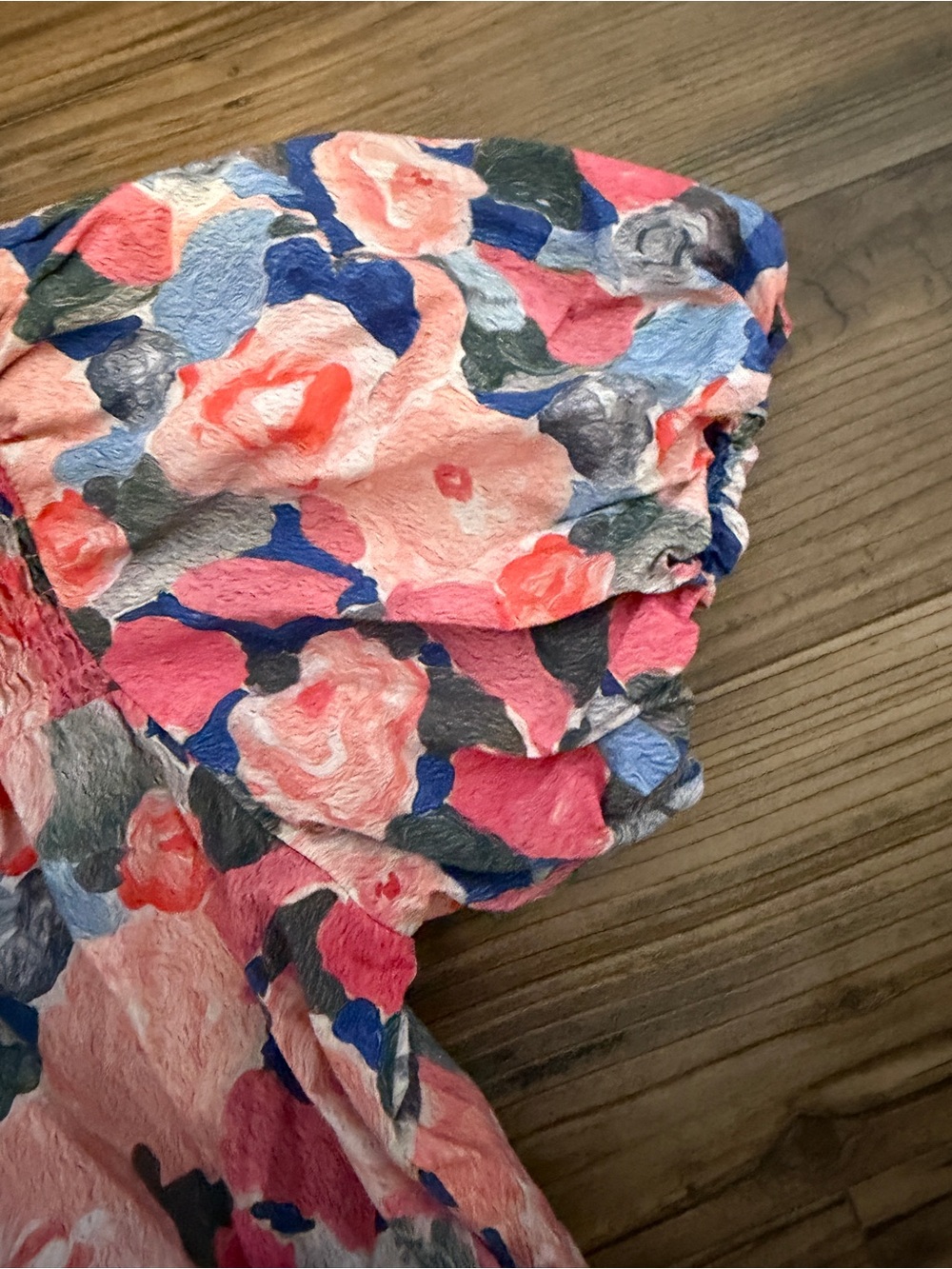 Smocked Floral Short Sleeve Blouse - Pink & Blue - Picture 4 of 8
